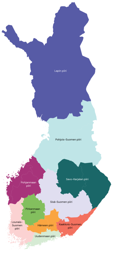 Kartta Suomesta, jossa Lappi on merkitty Lapin piiriksi, Pohjois-pohjanmaa ja Kainuu on merkitty Pohjois-Suomen piiriksi, Keski-pohjanmaa, Pohjanmaa ja Etelä-Pohjanmaa on merkitty Pohjanmaan piiriksi, Pohjois-Savo ja Pohjois-Karjala on merkitty Savo-Karjalan piiriksi, Keski-Suomi ja Etelä-Savo on merkitty Sisä-Suomen piiriksi, Etelä-Karjala ja Kymenlaakso on merkitty Kaakkois-Suomen piiriksi, Päijät-Häme ja Kanta-Häme on merkitty Hämeen piiriksi, Pirkanmaa on merkitty Pirkanmaan piiriksi, Satakunta ja Varsinais-Suomi on merkitty Lounais-Suomen piiriksi ja Uusimaa on merkitty Uudenmaan piiriksi.