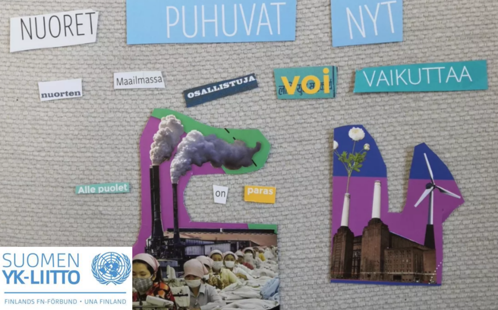 Tekstinä nuoret puhuvat nyt, nuorten maailmassa osallistuja voi vaikuttaa ja Suomen YK-liiton logo.