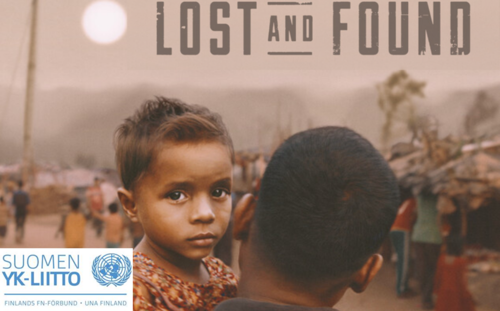 Lost and Found -elokuvan kansikuvassa pieni tyttö isänsä sylissä ja Suomen YK-liiton logo.